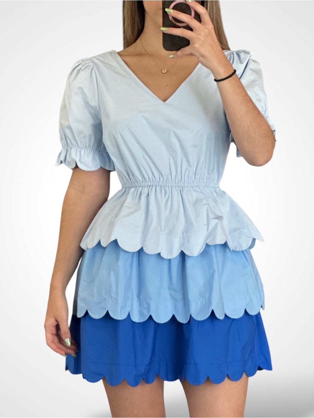 NWT Colorblock V Neck Scalloped Tiered Mini Dress in Blue